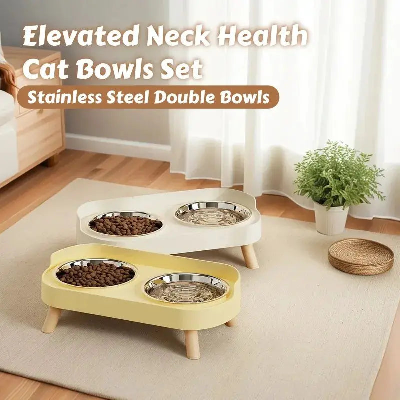 Two elevated neck health pet feeding stations with dual stainless steel bowls for cats and dogs by Simples Market (white and yellow)