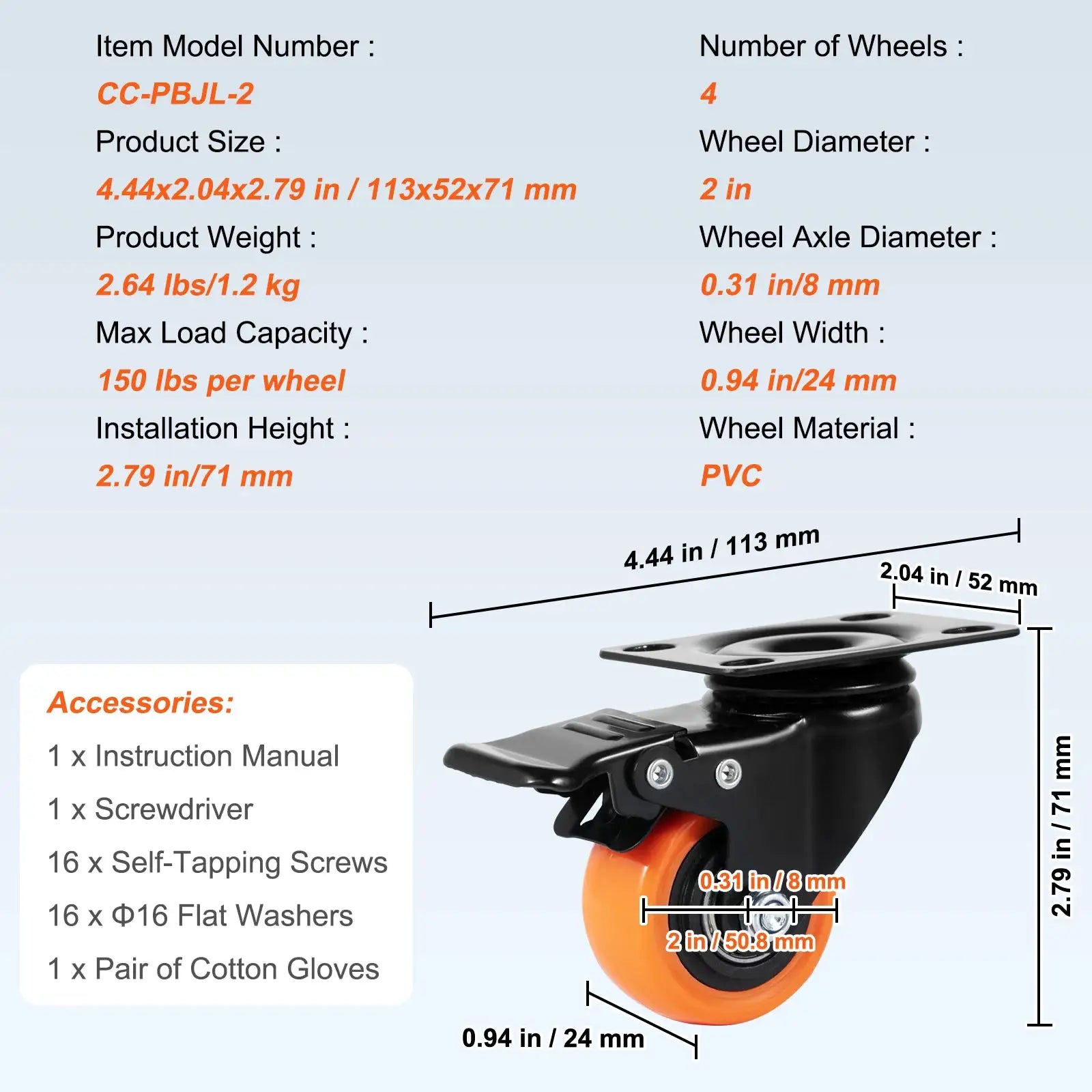 SucceBuy 2 to 6 Inch PVC Caster Wheels Set of 4 Swivel Plate Casters with AB Lock Non-Marking for Carts and Workbenches