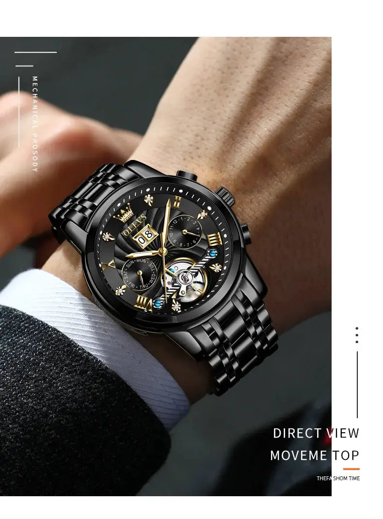 OLEVS Classic men's tourbillon watch with black stainless steel bracelet and multi-function skeleton dial