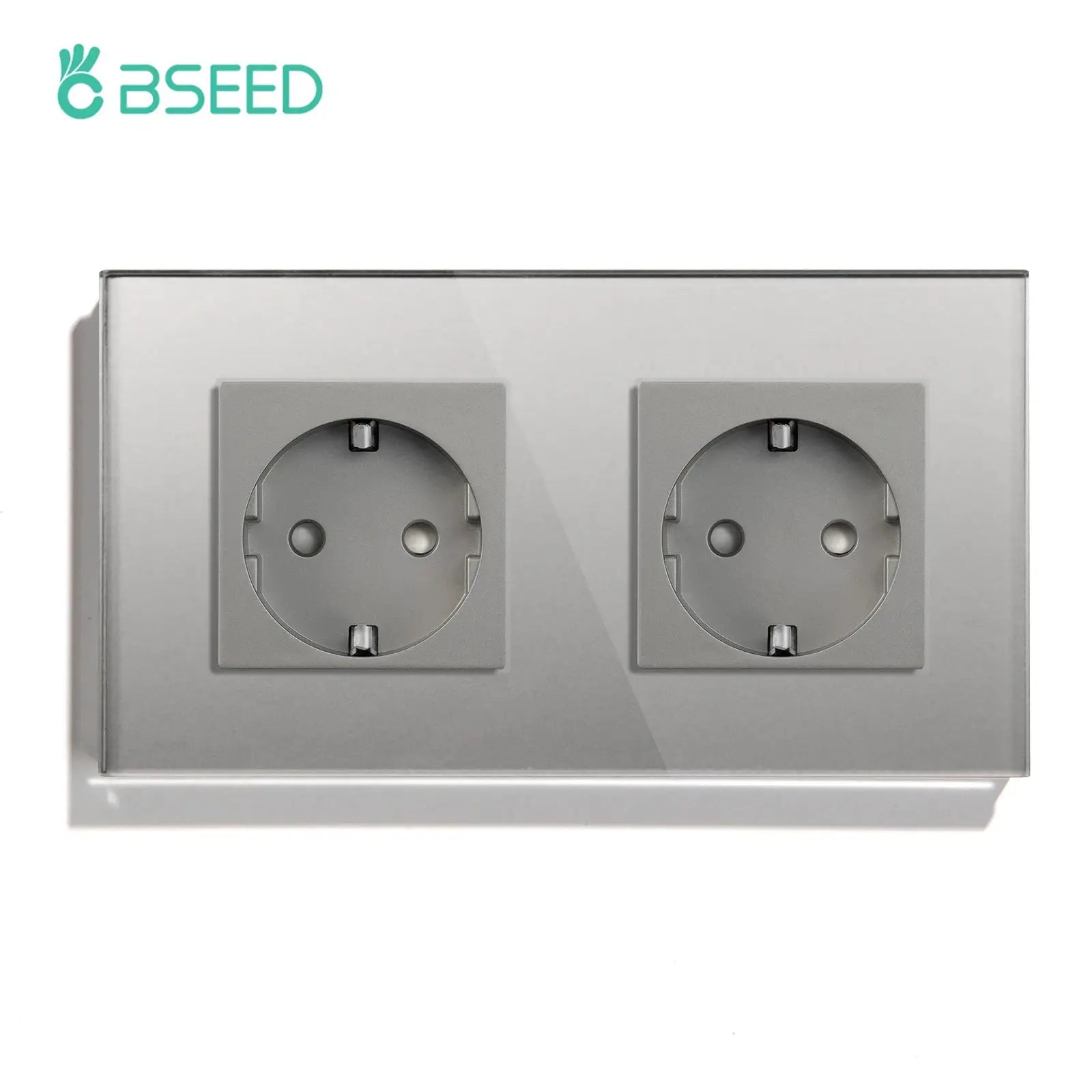 BSEED dual EU-type wall socket outlets on a gray metal panel; two sockets visible.