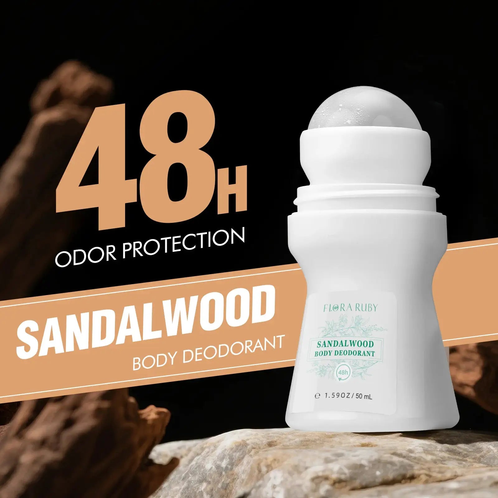 Flora Ruby sandalwood body deodorant roll-on, white bottle with teal label, 50 ml