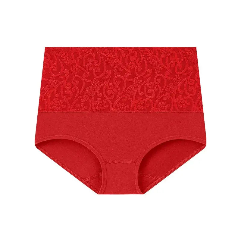 Plus-size red high-waist cotton panties with lace-pattern upper panel