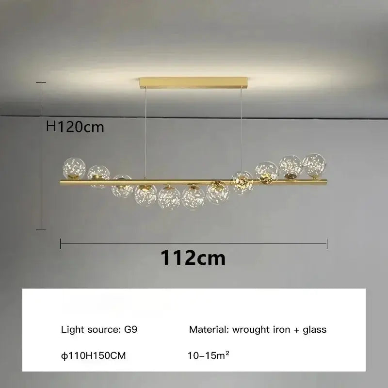 Nordic ceiling chandelier by Simples Market; gold wrought-iron bar with glass bubble bulbs, 112 cm long