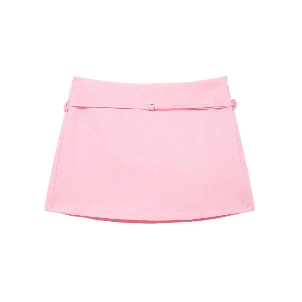 Women's pink solid-color skort with belt and side zipper, casual chic shorts