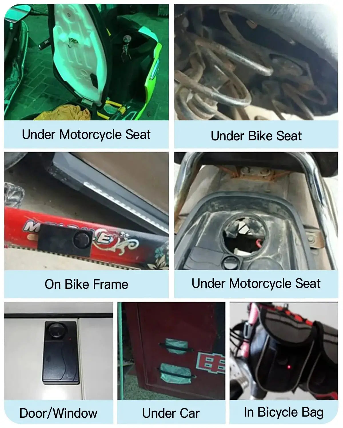 Anchtek 110db wireless vibration alarm with remote for motorcycles; Simples Market; shown in 7 install locations.