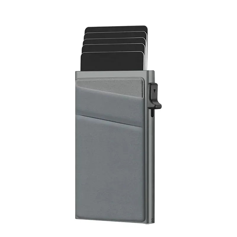 Anti-theft RFID card holder by Simples Market, minimalist gray aluminum wallet with six cards
