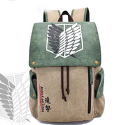 Attack on Titan backpack by Simples Market; beige canvas bag with green flap and Wings of Freedom emblem.