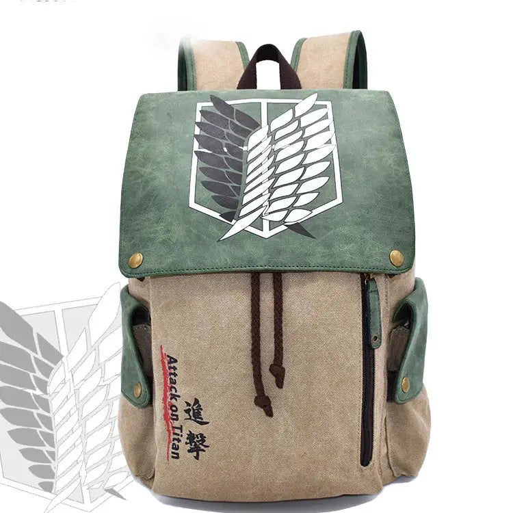 Attack on Titan backpack by Simples Market; beige canvas bag with green flap and Wings of Freedom emblem.