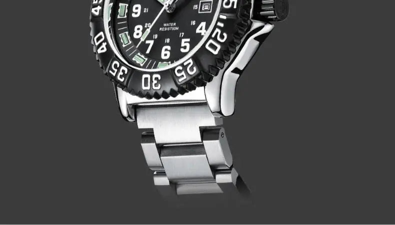 Addies Dive men's stainless steel quartz watch with black dial, rotating bezel, date display, 50m water resistant