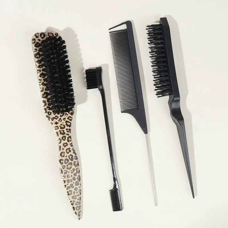 Set of four bristle hair brushes for slick backs: leopard paddle, small spool brush, long-tail comb, fine-tooth comb.