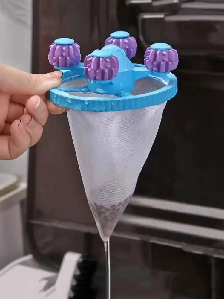 Washing machine filter bag with blue ring and purple roller heads, reusable lint-catching mesh bag