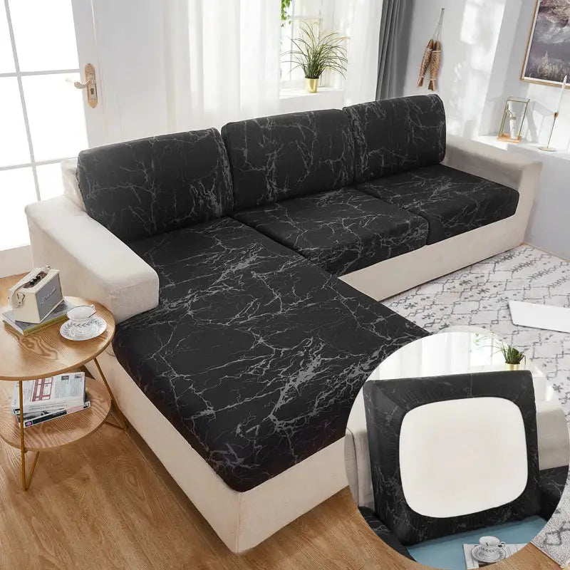 Stretch couch cushion slipcovers in black marble pattern; Simples Market anti-slip sofa protection for cushions