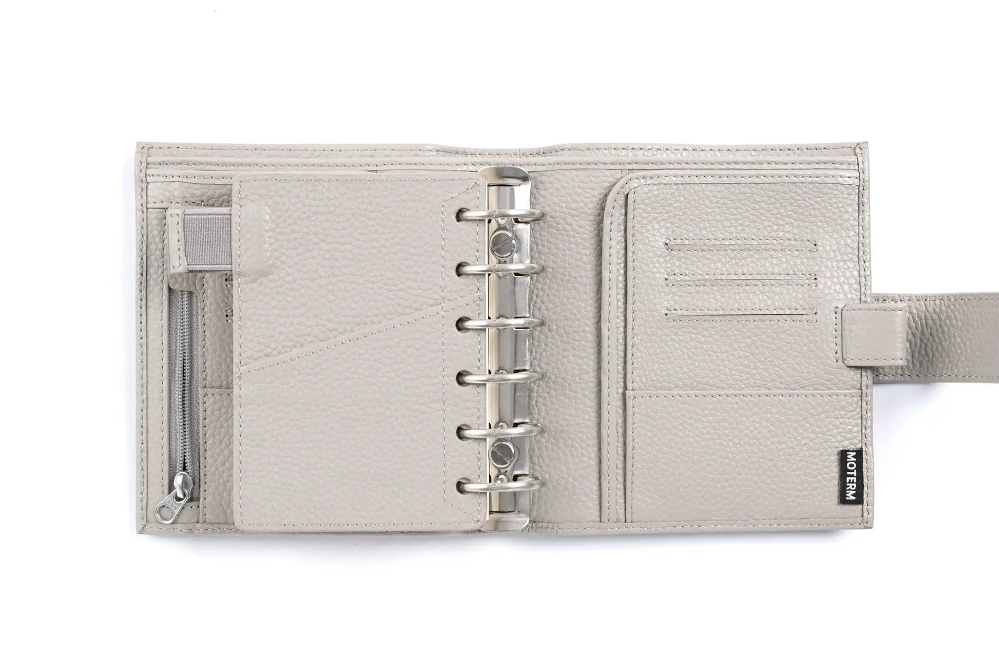 Moterm Luxe 2.0 pocket planner in light grey pebble-grain leather with 30mm silver rings