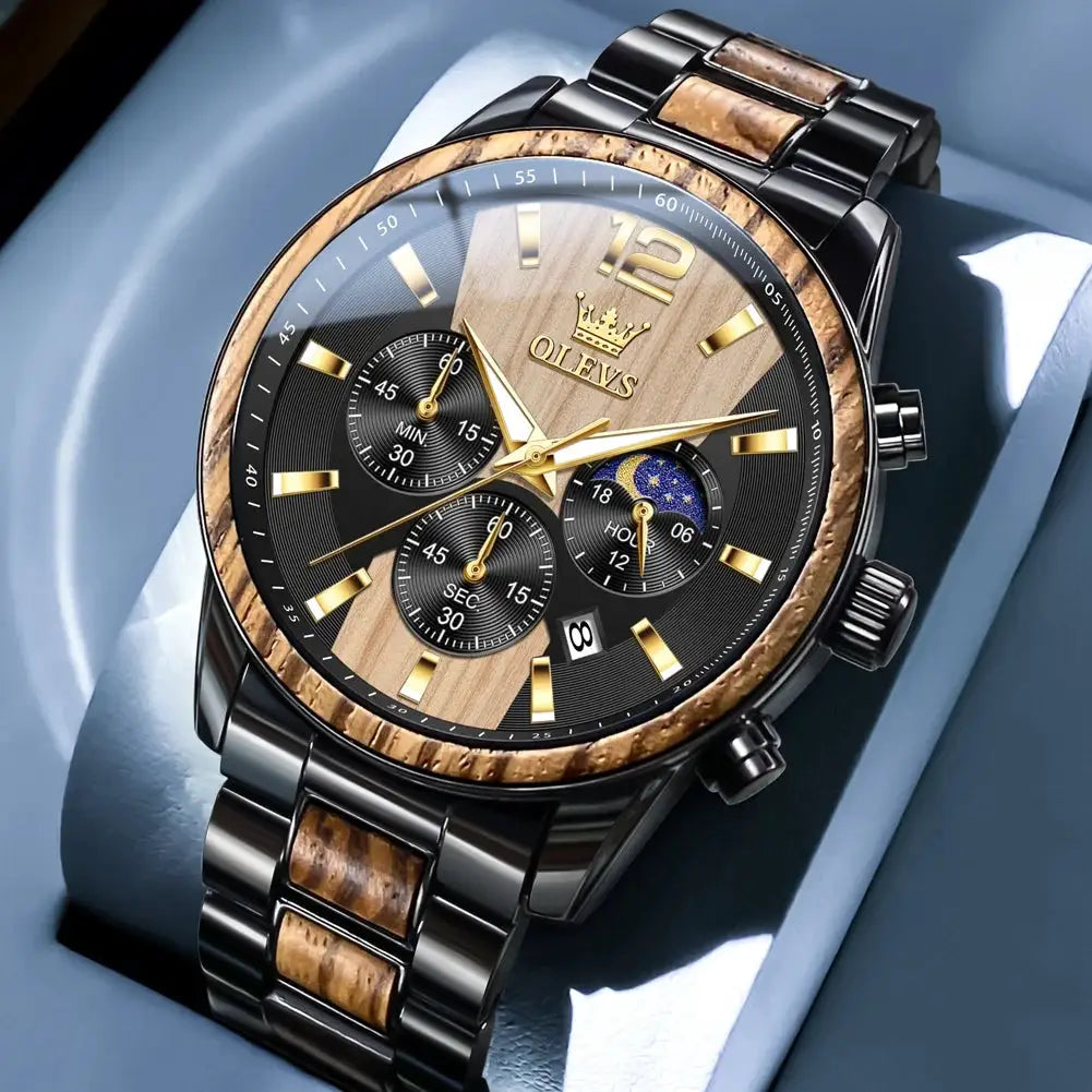 OLEVS men's wooden bezel wristwatch with black stainless steel band, gold-tone hands, luminous markers and date window