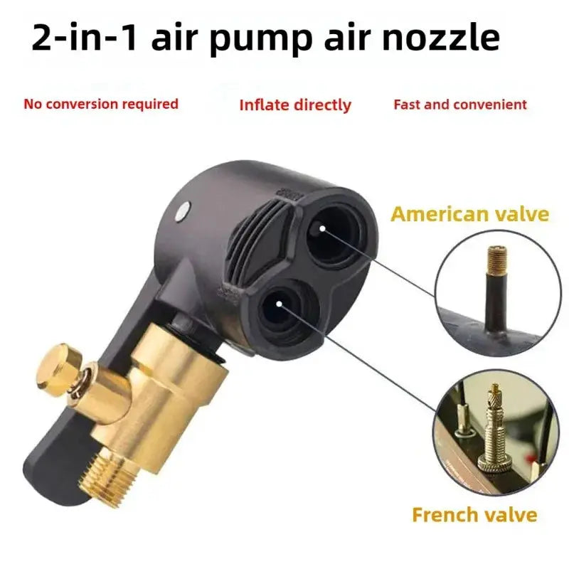 Simples Market 2-in-1 air pump nozzle adapter; black plastic body with brass fittings and American/French valve tips