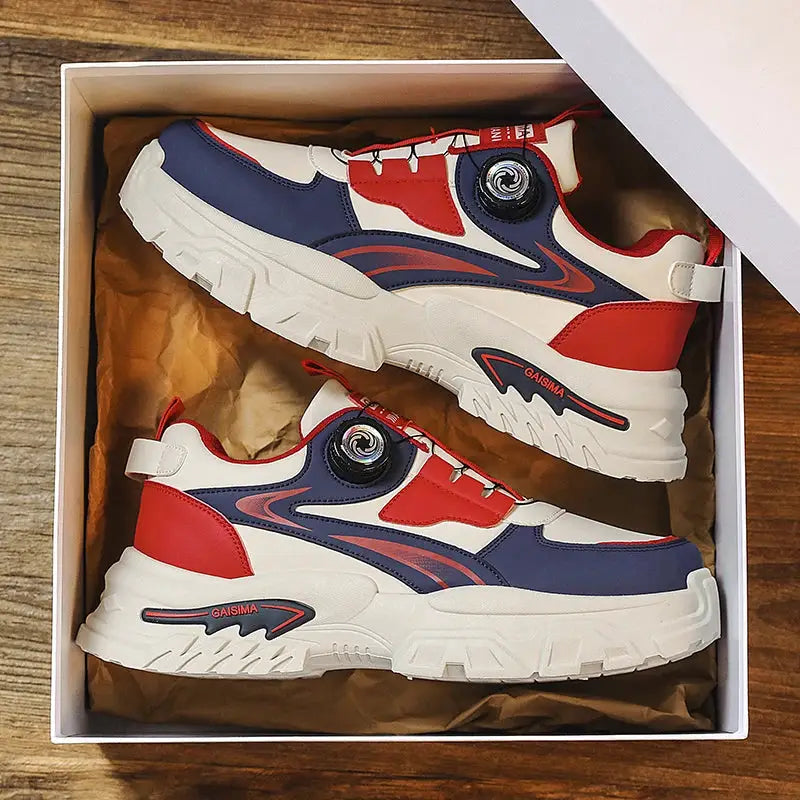 Men's high-top running shoes in red, white and navy with a thick sole; GAISIMA branding.