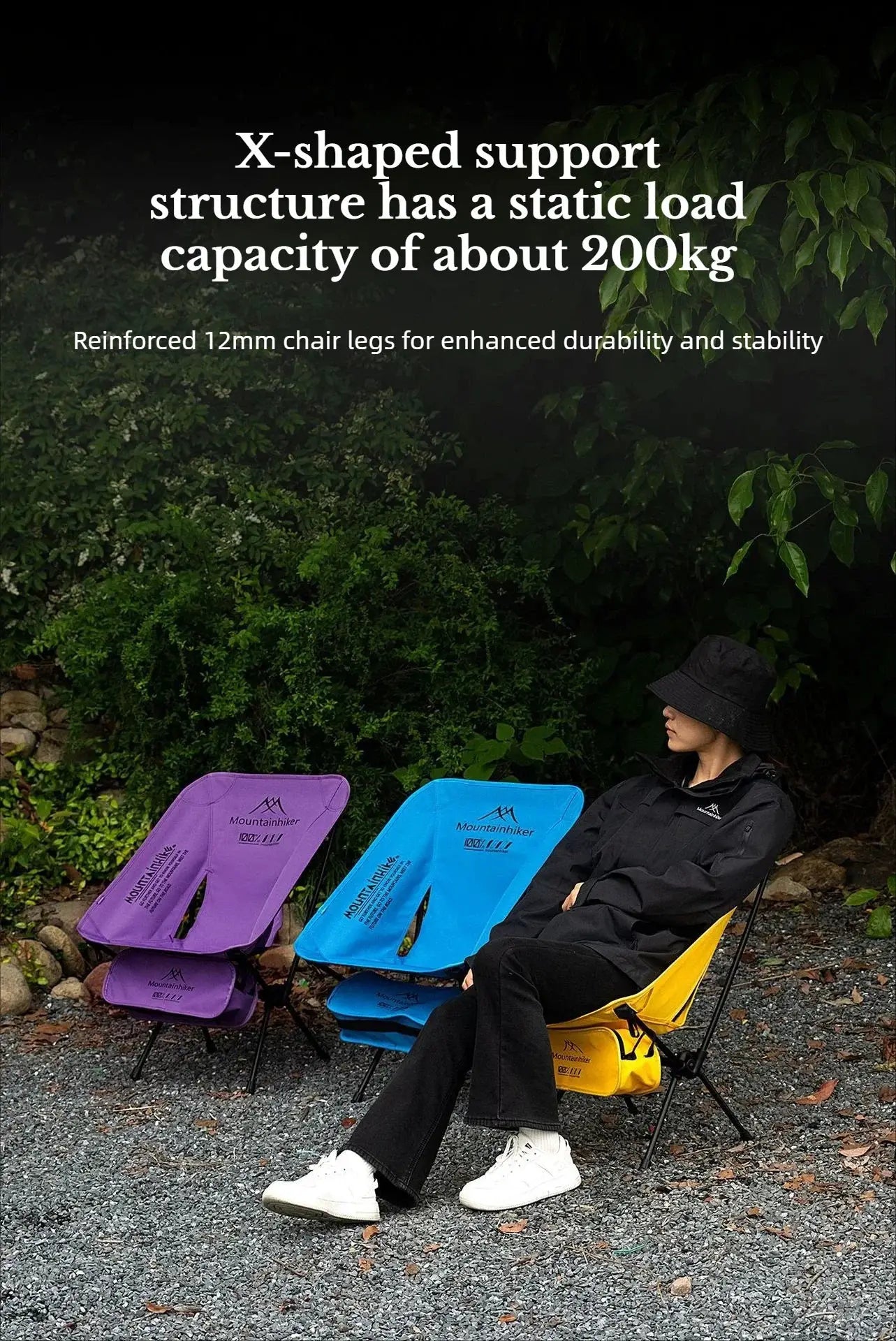 Foldable camping chairs set; Mountainhiker Moon chairs in purple, blue, and yellow, outdoors.