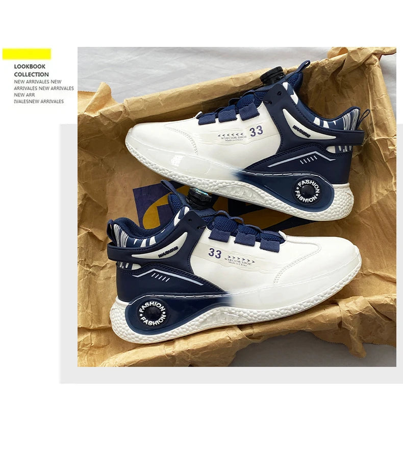 Men's sneakers Simples Market, white and navy, rotating-buckle, non-slip lace-up pair