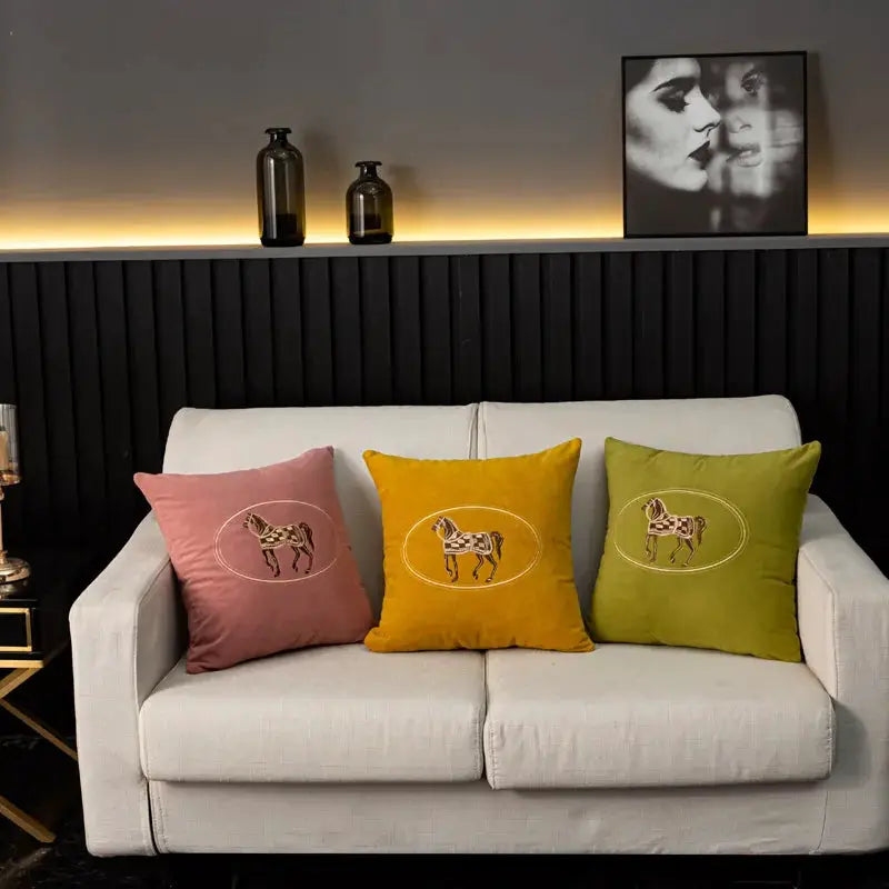 Cushion covers with hand-embroidered horse pattern in pink, mustard yellow, and olive green; 45x45 cm; 3-pack