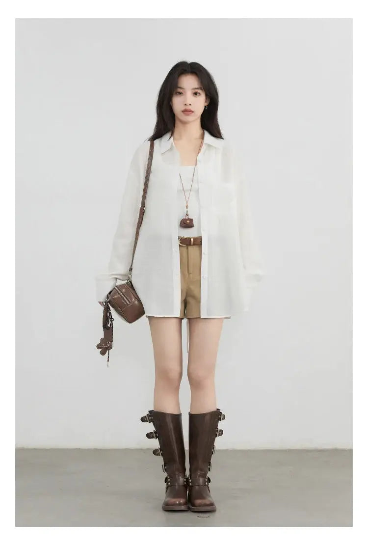 CHIC VEN white long-sleeve shirt for women, loose casual blouse shown with beige shorts and brown knee-high boots