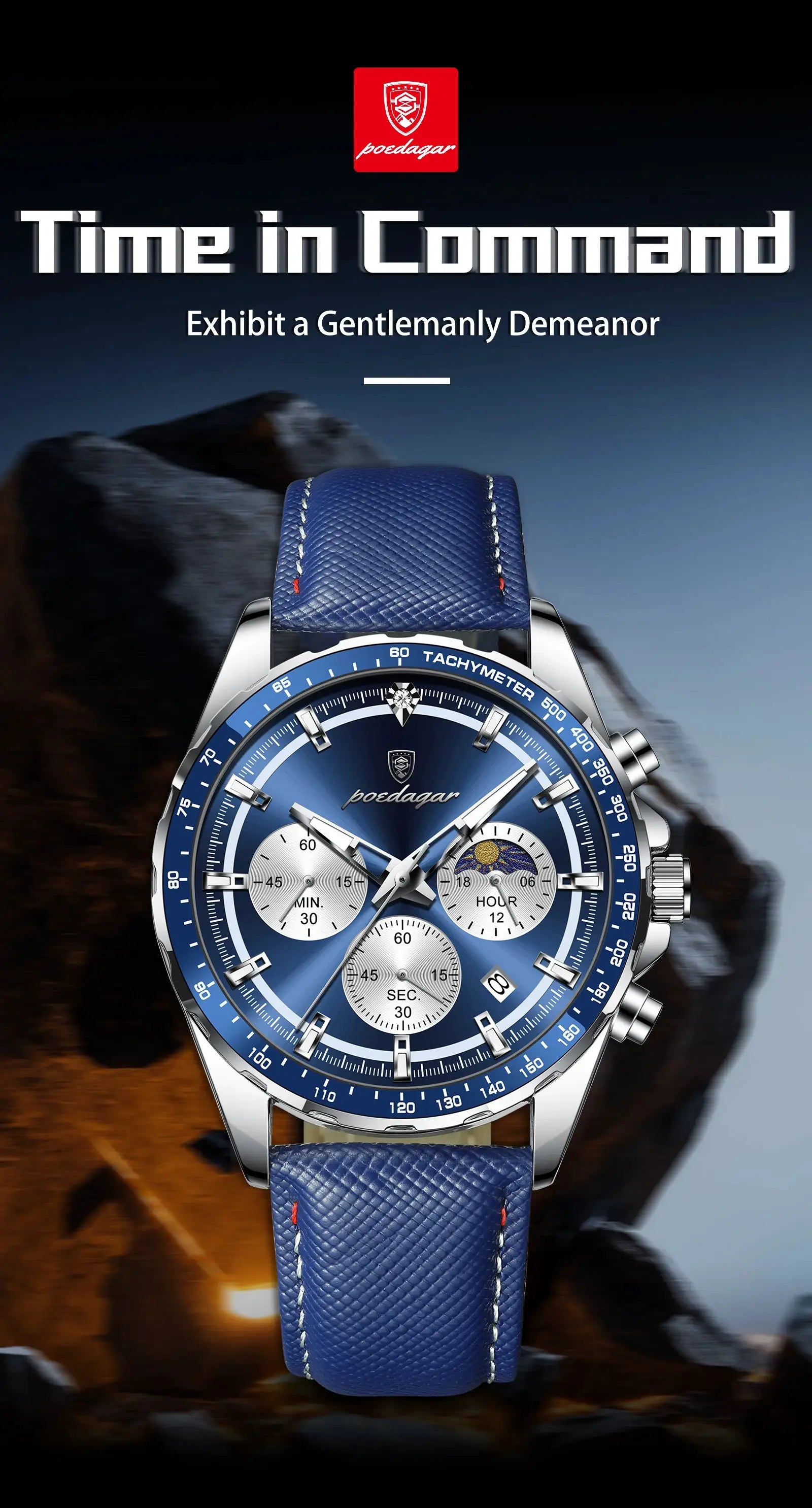 POEDAGAR men's blue dial chronograph wristwatch with tachymeter bezel and textured leather strap