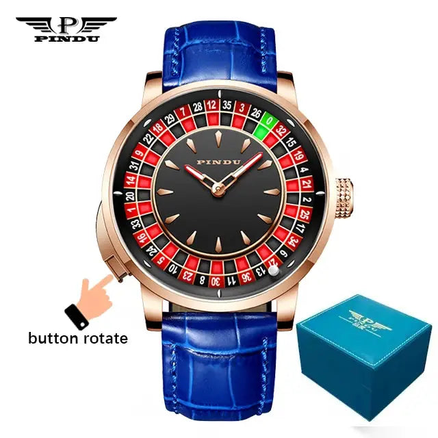 PINDU mechanical men's watch with blue leather strap, rose gold case, roulette-style dial; watch with blue box.