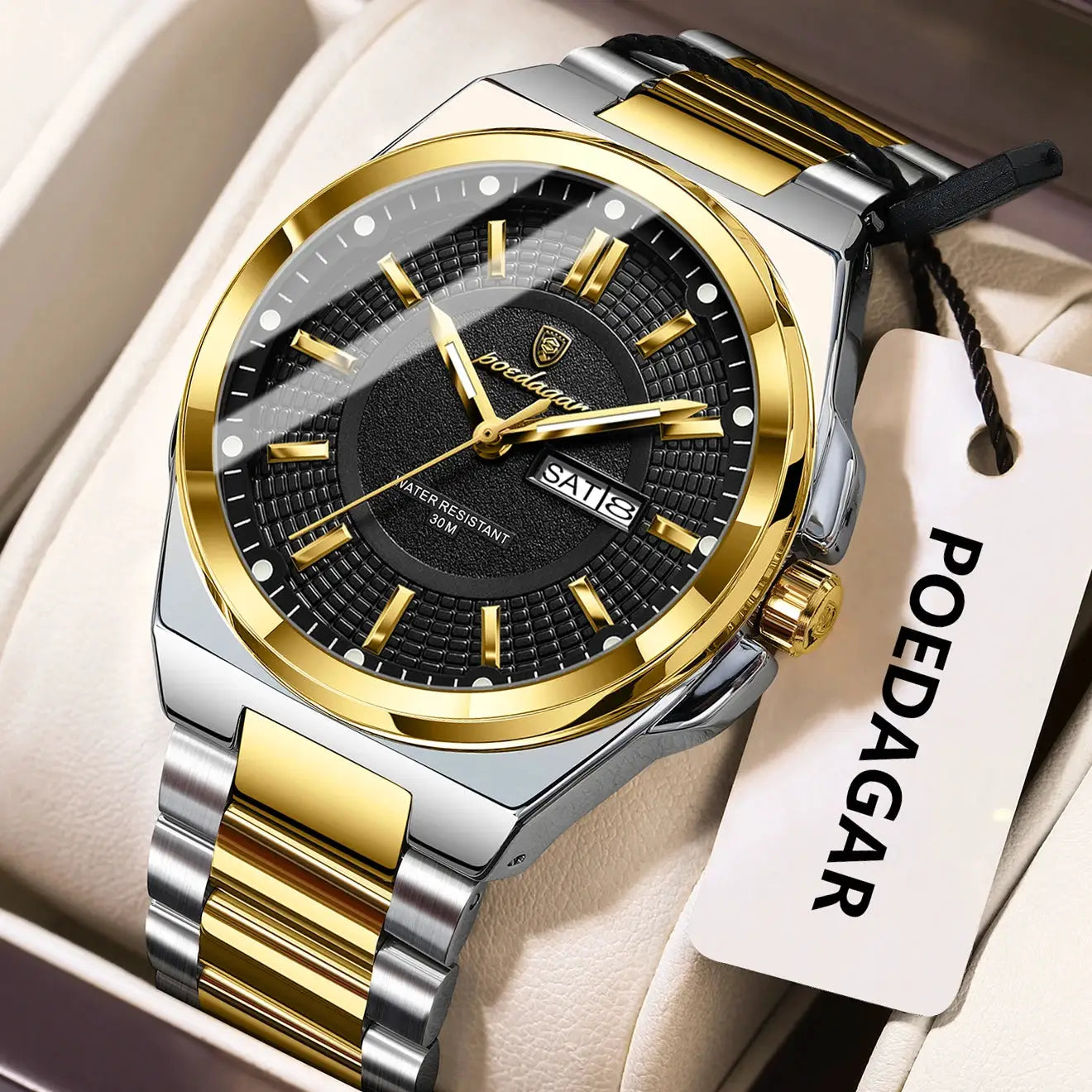 POEDAGAR men's stainless steel luxury watch with gold bezel, black textured dial, date window.