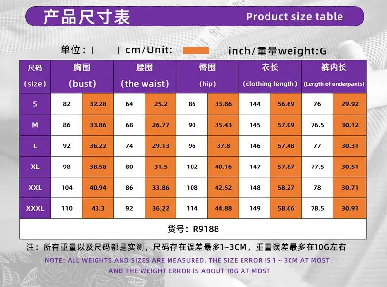 Sparkling sequin jumpsuit size chart showing bust, waist, hip and clothing length for S to XXXL.
