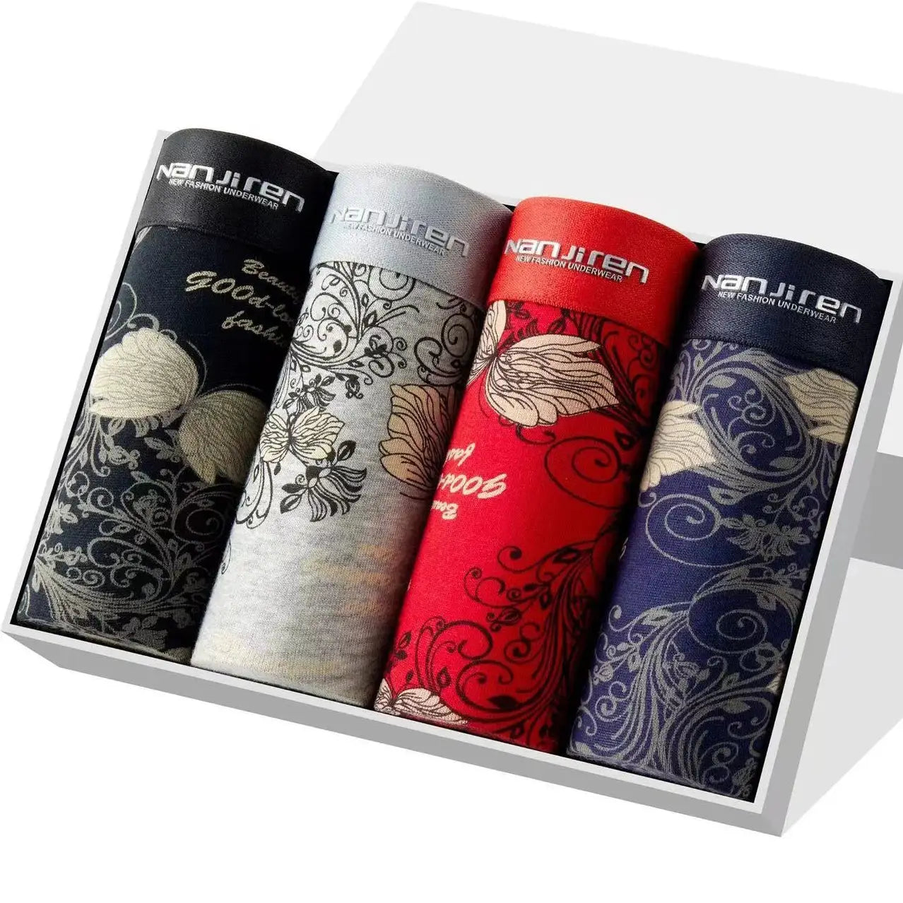 4-pack men's cotton boxer shorts with floral patterns in assorted colors, NanJiren waistband (Simples Market)