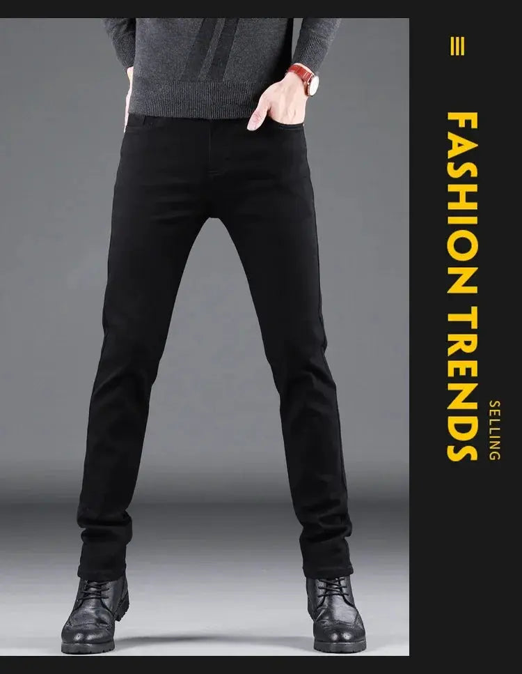 Men's black slim jeans with elastic waistband and straight legs, casual denim pants
