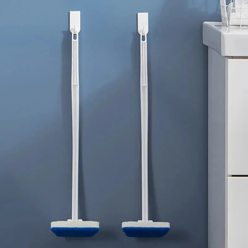 Bathroom sponge cleaning brush with long white handle and blue scrub head; set of 2.