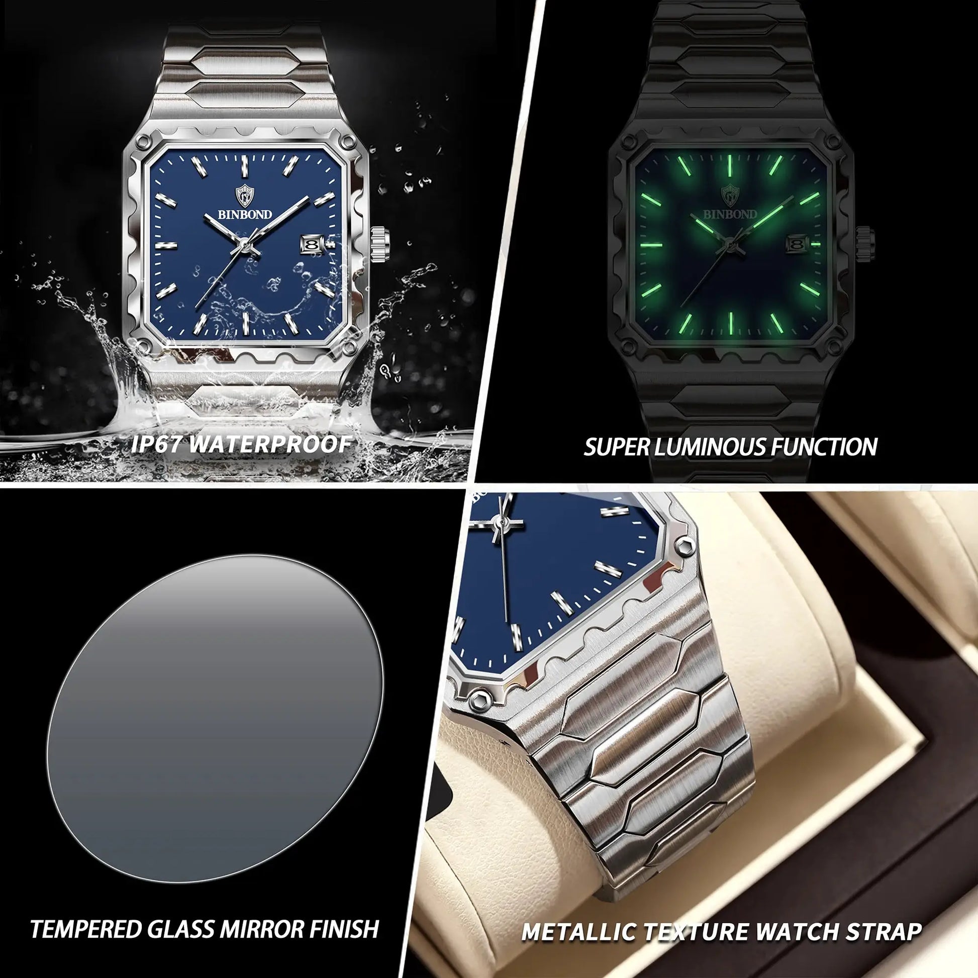Two BINBOND men's quartz wristwatches with blue dial, date window and stainless steel bracelet; waterproof and luminous