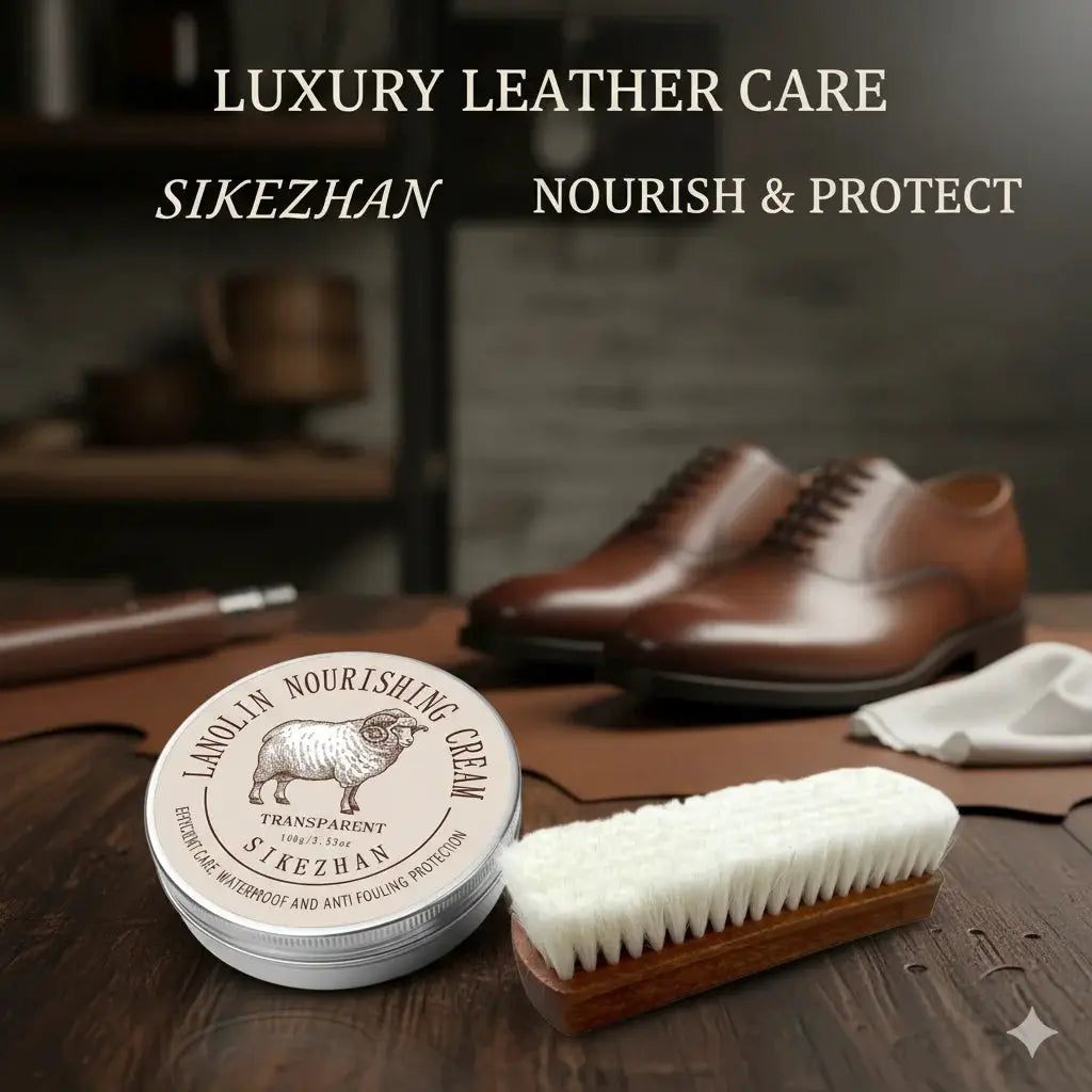 Sheep Oil Leather Conditioner kit with lanolin cream tin and soft wool brush, shown with brown leather shoes