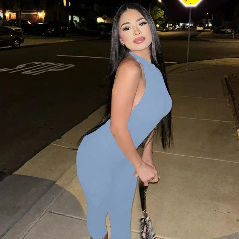 Hugcitar ribbed halter backless bodycon jumpsuit in light blue, sleeveless one-piece for women.