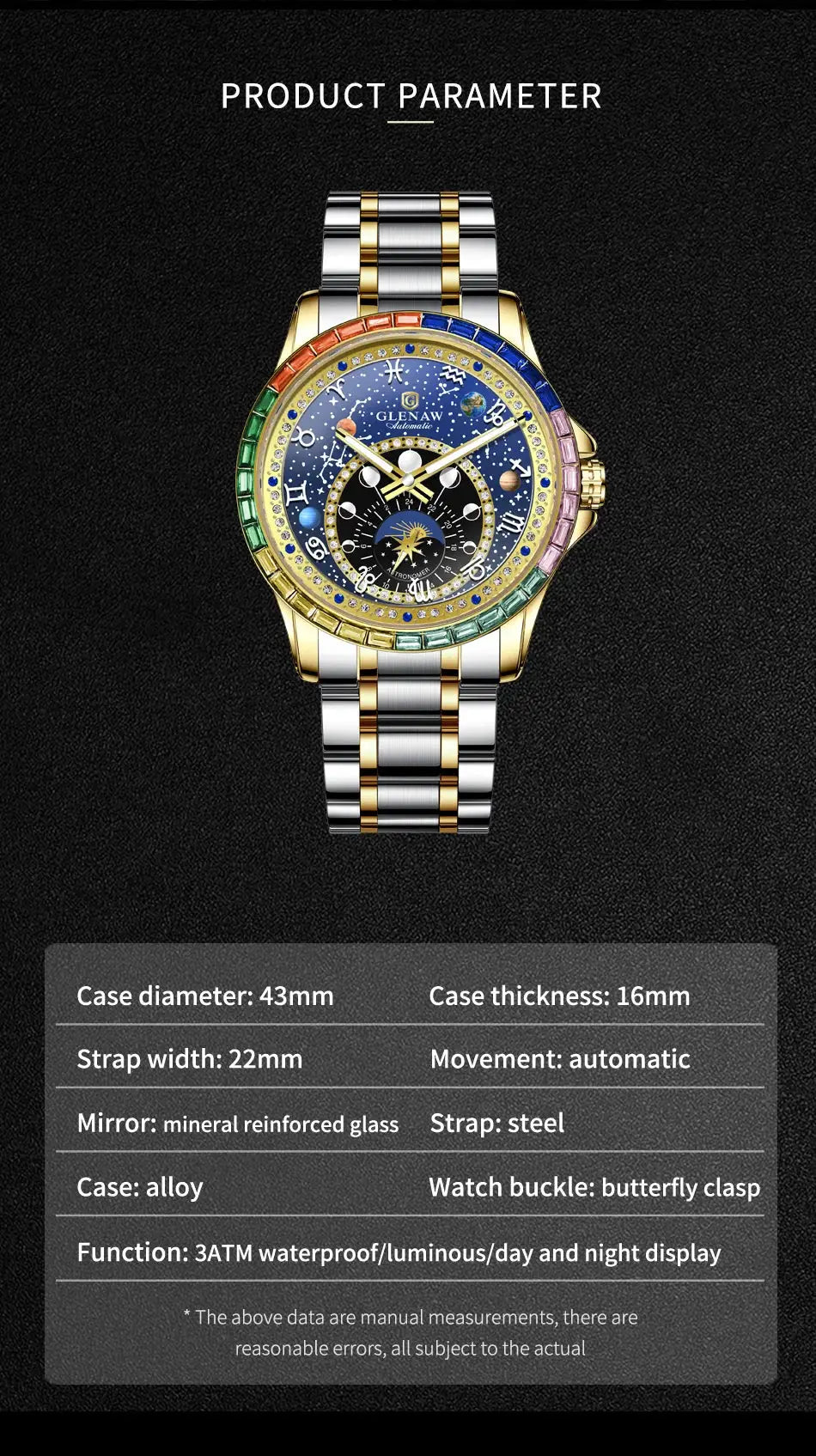 GLENAW rainbow circle mechanical watch for men with constellation dial and multicolor gemstone bezel