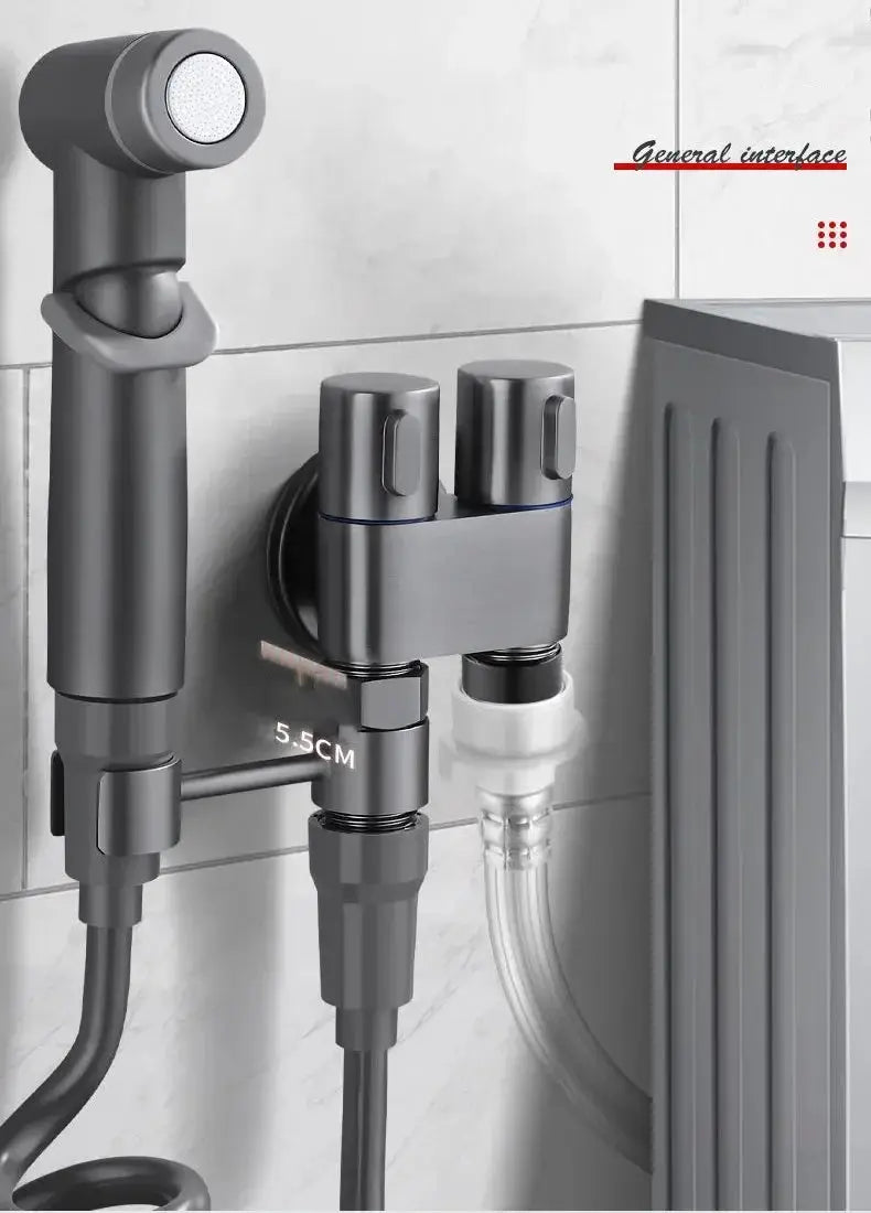 Toilet bidet sprayer set with handheld shower and double-outlet angle valve, gray finish.