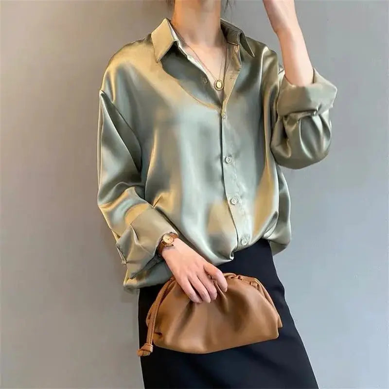 Women's Spring Autumn Style Blouse Long Sleeve Turn Down Collar Casual Top Polyester Blouse DF4849