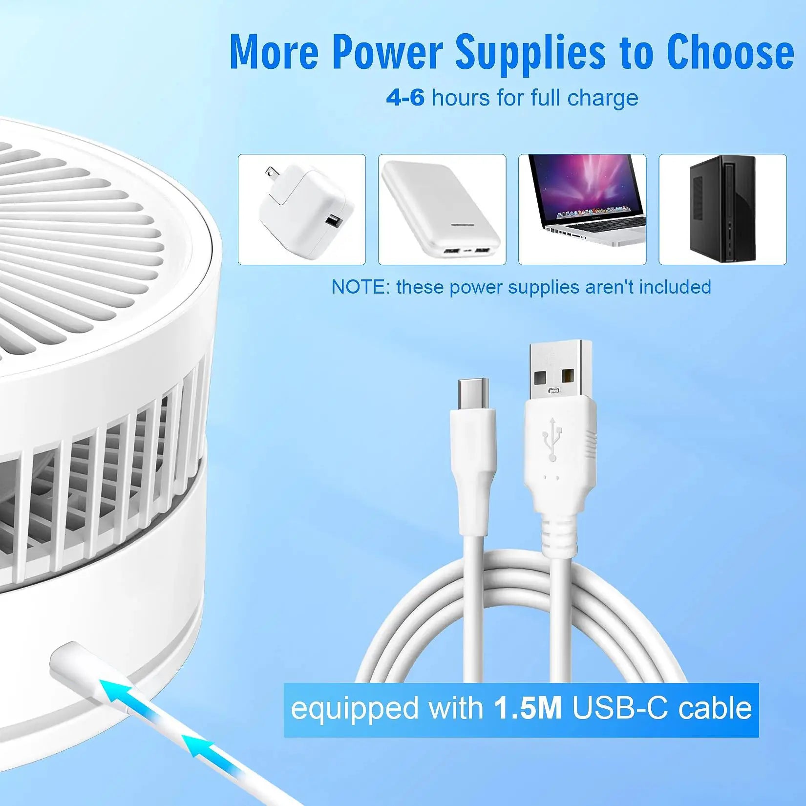 7200mAh telescopic foldable white USB-C portable fan by Simples Market with four power options