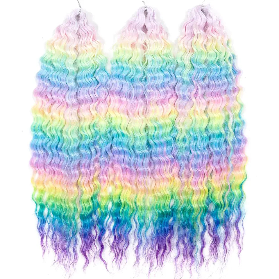 FASHION IDOL rainbow ombre 22 inch ariel curl synthetic crochet hair extensions, 3 bundles