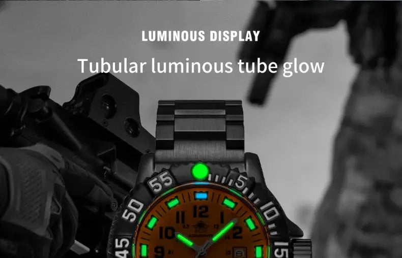 Addies men's military outdoor luminous watch by Simples Market with orange dial, steel strap, waterproof