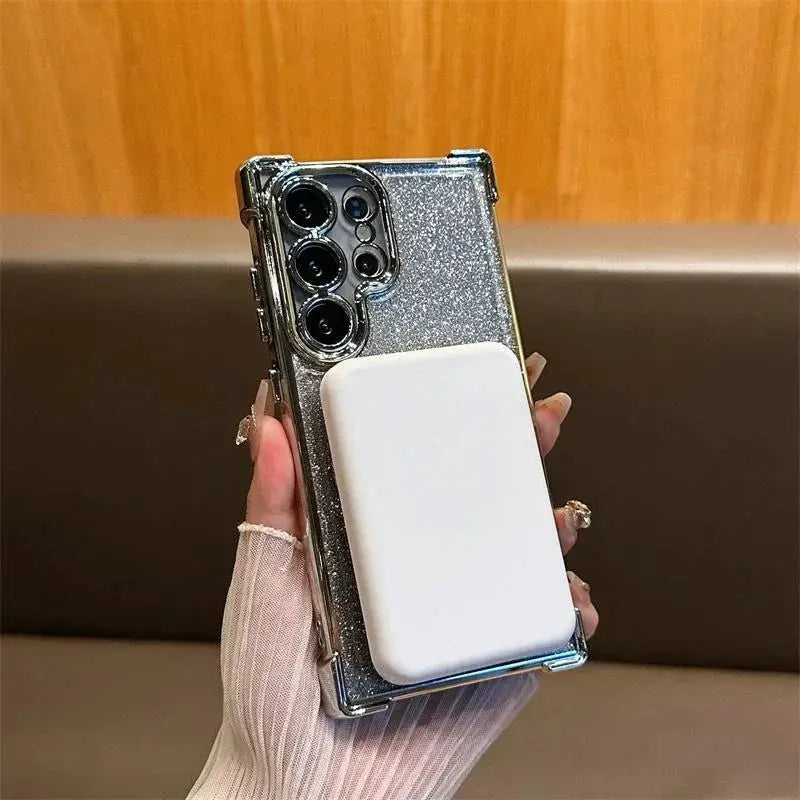GleamGuard Luxury Magnetic Plating Stand Case Glitter Clear Cover for Samsung Galaxy S20 FE to S25 Edge Shockproof