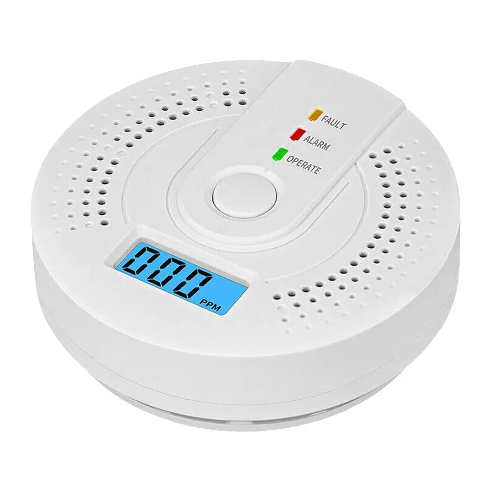 Simples Market digital carbon monoxide detector, white circular battery-powered CO alarm with blue LCD display