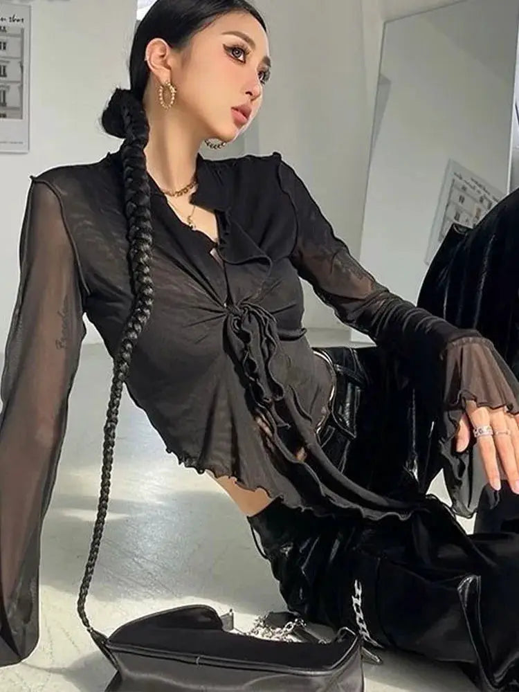 Korean Couture Lace Up Mesh Blouse With Long Flare Sleeve Slim Fit Top For Modern Sophisticated Style