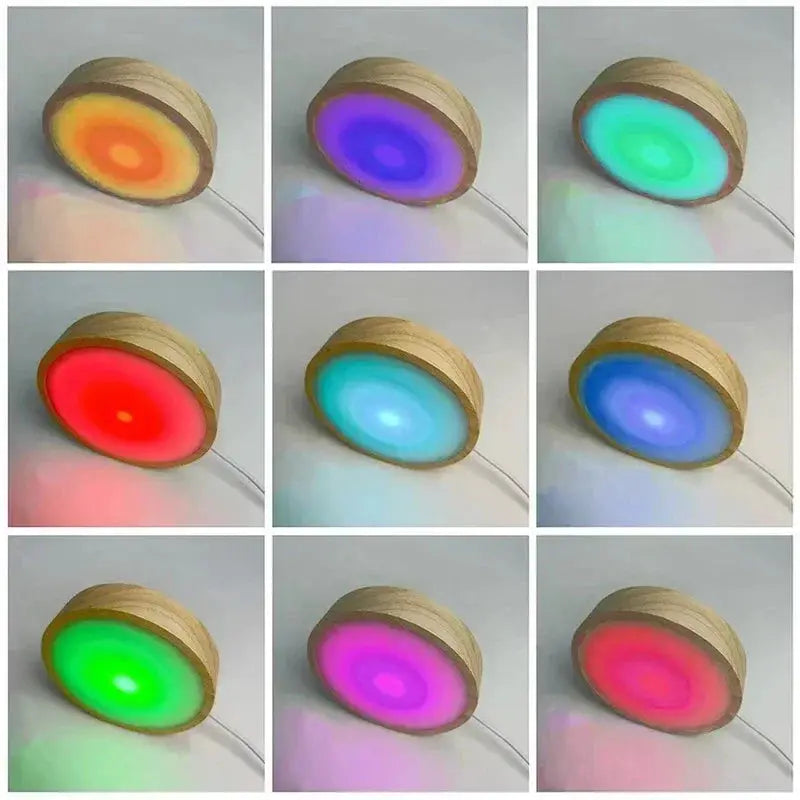 Round wooden LED night light base with multicolor RGB glow