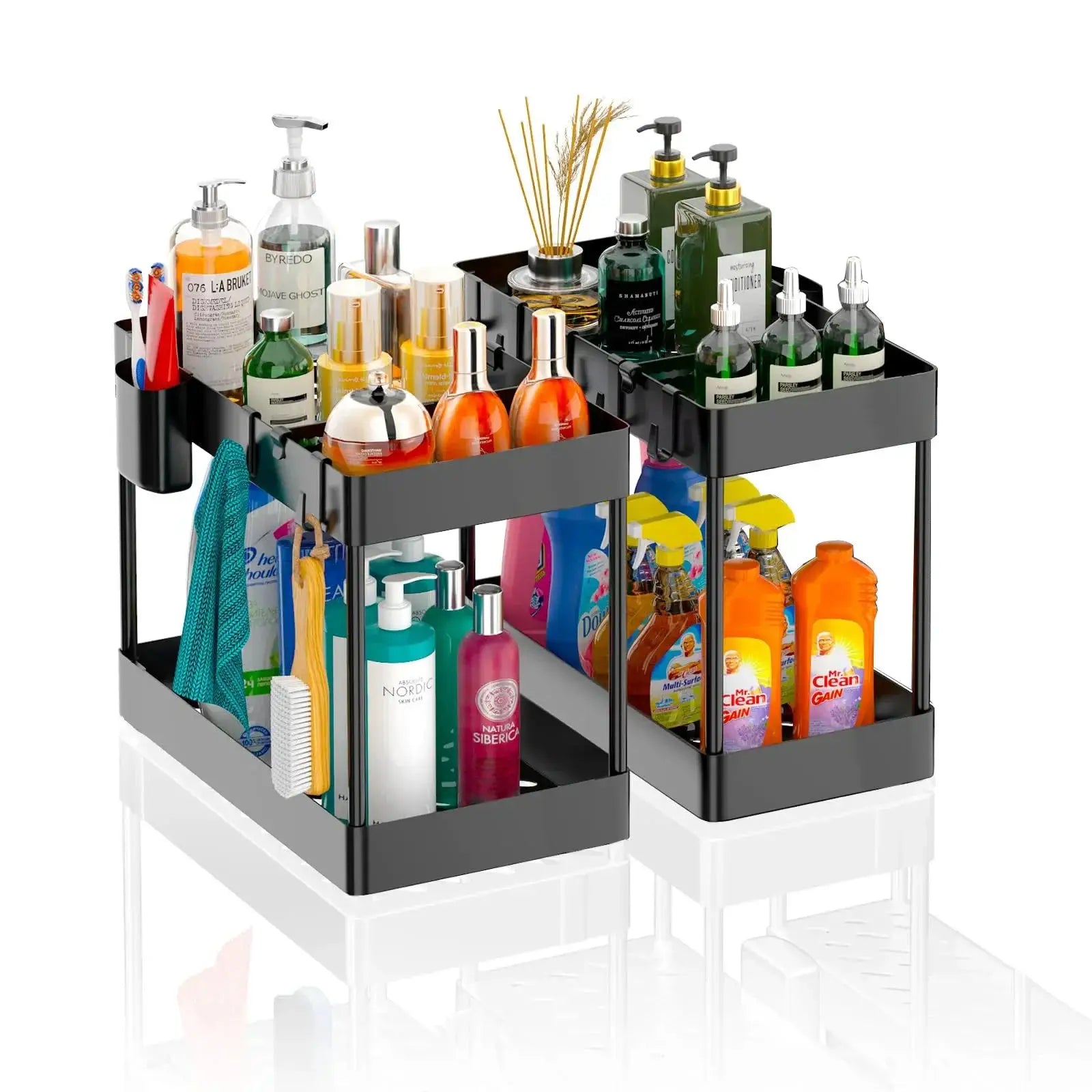 Simples Market two-tier under-sink sliding cabinet organizer with baskets and hooks, black metal