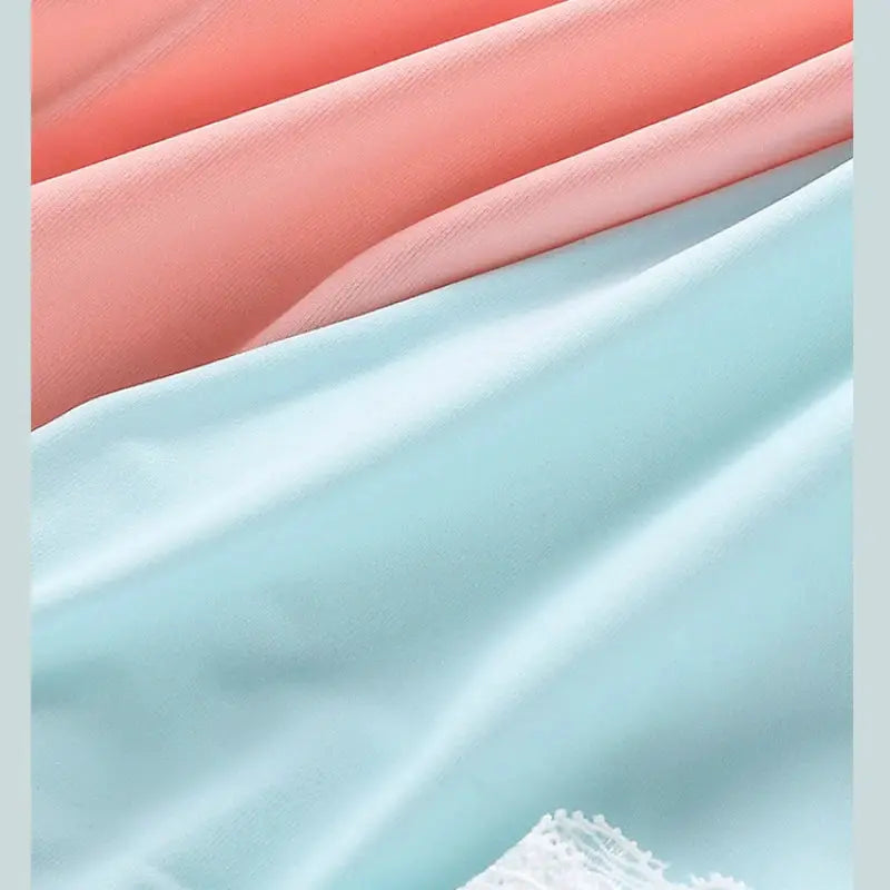 Panties fabric swatches from Simples Market in pink and light blue ice silk with white lace trim