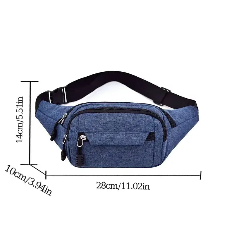 Simples Market 2024 waist bag for men and women, blue fabric with multiple zip pockets and adjustable strap