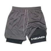 2-in-1 men's running shorts, gray outer with black inner and HEAD logo, quick-dry.