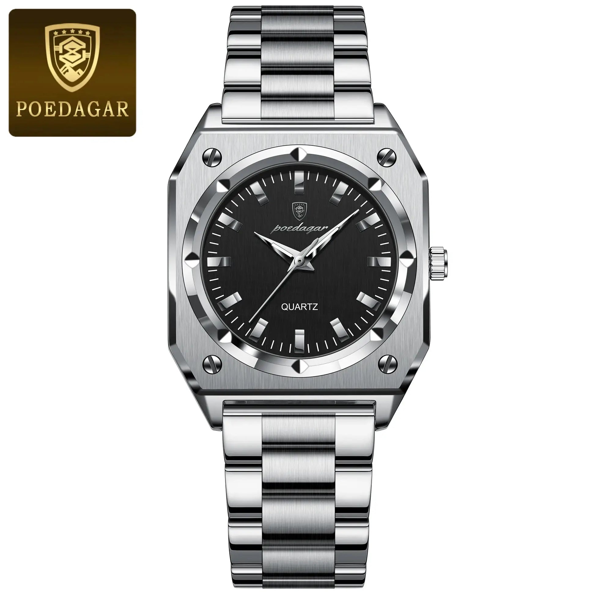 POEDAGAR waterproof stainless steel ladies wristwatch with black dial and quartz movement