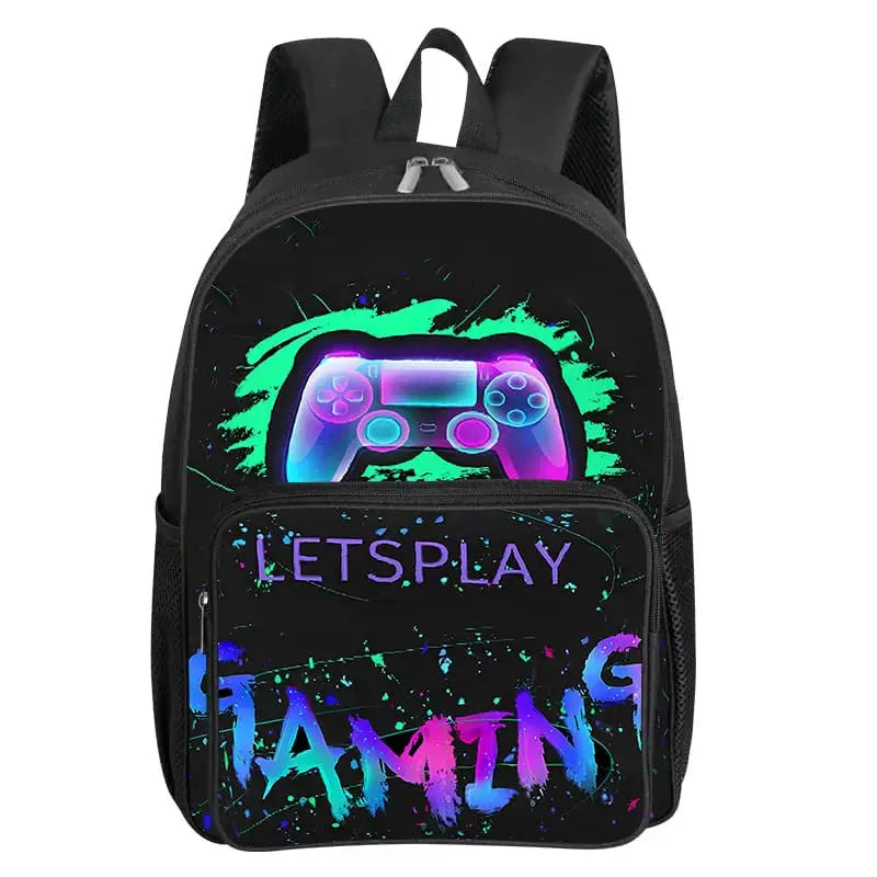 Backpack with GamePad pattern, neon controller graphic on black with colorful splash, front pocket